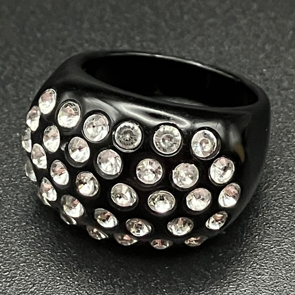 Black Acrylic Domed Cocktail Ring Clear Rhinestone Pave Bold Statement Size 7.25